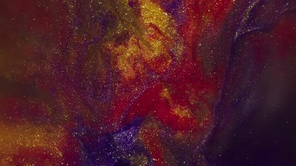 Wall Mural - Glitter ink. Blur bokeh texture. Defocused purple golden red color liquid sequins water spreading on abstract dark black background.