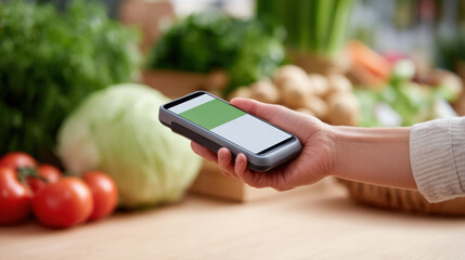 Hand holding smartphone for contactless payment at grocery. Modern digital wallet technology makes shopping for fresh food and vegetable convenient experience