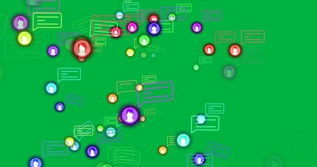 Wall Mural - Animation of media icons and speech bubbles on black background