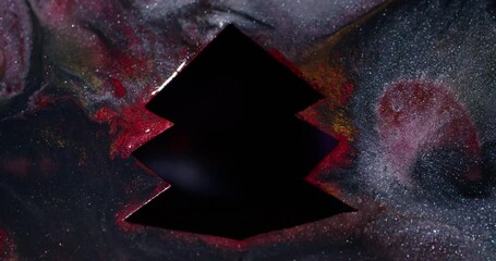Wall Mural - Art fir tree. Paint glitter texture. Blur dark black geometric water red yellow silver color shiny bubble spill on abstract acrylic bokeh background.