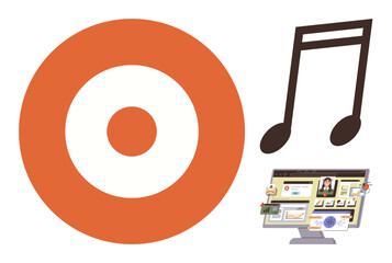 Orange circular target, black music note, and computer screen with a project management interface. Ideal for focus, creativity, multimedia, strategy, lifestyle planning simplicity. A simple flat