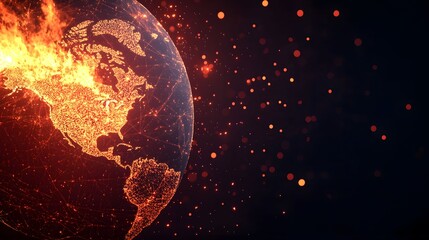 Wall Mural - A digital rendering showcases a glowing Earth with North America ablaze, set against a backdrop of scattered, glittering particles in the dark space.