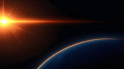 Wall Mural - An abstract space scene with a bright starburst on the left, a horizontal light beam across a starfield, and a blue and orange planet curve at the bottom.
