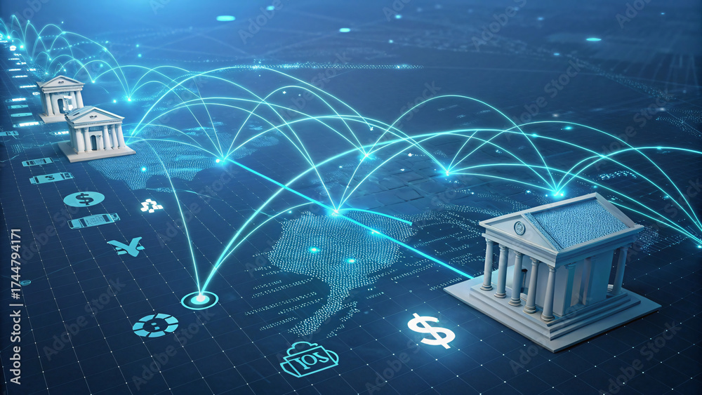 Two bank buildings connect across world map through luminous network ...