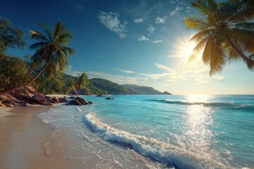 Wall Mural - Enjoy a relaxing tropical ocean view with vivid colors, serene palm trees, and calm waves under the warm sun along the pristine shoreline at sunset