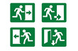 © ZaraStudio - Emergency fire exit sign vector set. Green evacuation route symbol collection with running man icon. Safety pictogram for escape wayfinding, showing direction to the door.