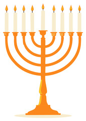 Wall Mural - Golden Hanukkah Menorah with Nine Lit Candles Traditional Jewish Holiday Celebration Symbol Vector Illustration