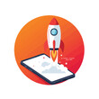 © Anrosea - A vibrant illustration depicts a sleek rocket launching from a modern smartphone screen, symbolizing rapid app deployment, startup success, and innovation.