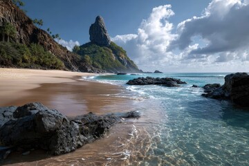 Wall Mural - Generative stock wallpaper featuring a serene beach landscape with rocky formations and a dramatic cliff in the background under a cloudy sky during midday