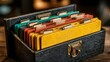 © Photographer - Organized filing system for business documents and records with colorful tabs in a vintage wooden box, ideal for archiving and information management