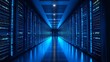 © mevideo - A futuristic data center corridor filled with glowing blue server racks illuminated by modern lights, technology, artificial intelligence, cloud storage, big data, machine learning and innovation.