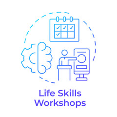 Wall Mural - Life skills workshops blue gradient concept icon. Learning sessions for personal development. Self education. Round shape line illustration. Abstract idea. Graphic design. Easy to use in article