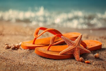 Wall Mural - Bright orange flip flops and starfish rest on sandy beach with gentle waves lapping at the shore during sunny day