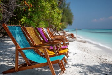 Wall Mural - Colorful beach chairs line the pristine white sand along a tranquil ocean shore on a sunny day with clear blue skies