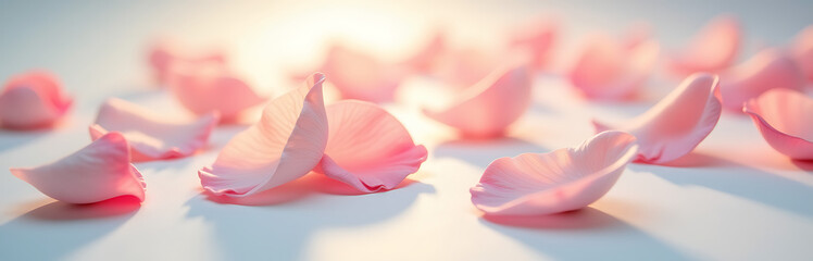 Wall Mural - soft focus image delicate rose petals gently floating serene white background bathed warm diffused light