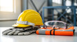 © Ahmad - Safety First: A collection of essential safety equipment including a yellow hard hat, protective glasses, gloves and reflective vest resting on the flat surface.