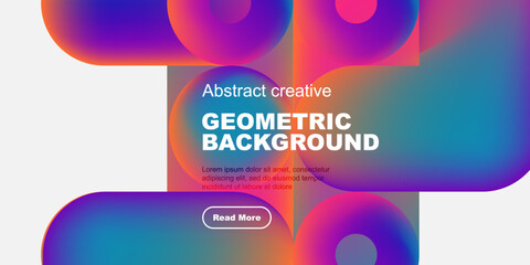 Wall Mural - Vibrant fluid shapes overlap black space. Text promotes geometric background design, includes read more button. Modern aesthetic.