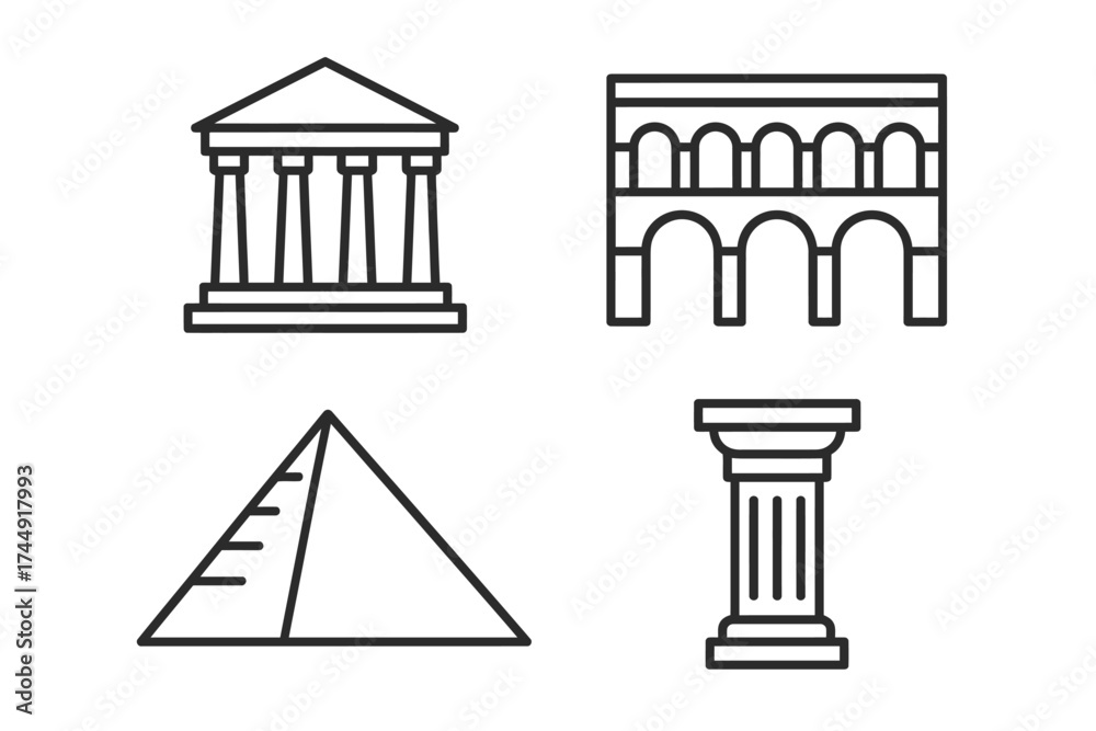 Pyramid With Column Line art of iconic architectural structures: parthenon, colosseum ...