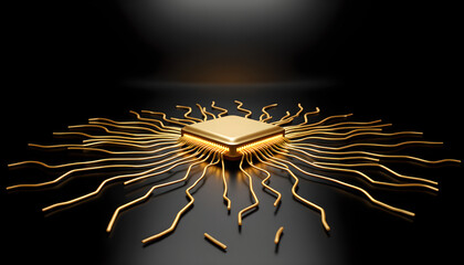 Golden microchip with radiating connections on black background, neural networks, artificial intelligence
  