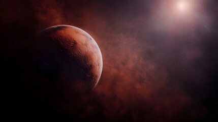 Wall Mural - A depiction of the planet Mars partially obscured by atmospheric dust with a brilliant solar flare in the background