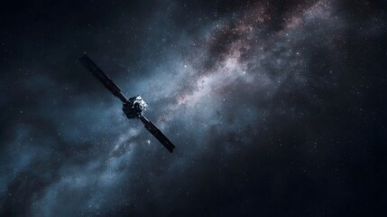 Wall Mural - A sleek futuristic satellite traverses the vibrant expanse of a distant galaxy filled with stars and nebulae