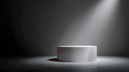 Wall Mural - A white cylindrical podium stands in a dark minimalist studio illuminated by a single spotlight beam