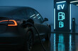 © Aleksandra - Electric vehicle charging at modern station during night, illuminated ev sign, eco friendly transportation technology concept