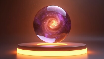 Wall Mural - Glowing crystal orb with swirling galaxy inside. Purple and orange spiral galaxy with stars and planets. Orb on illuminated platform with dark background. Cosmic fantasy concept. Future tech design.