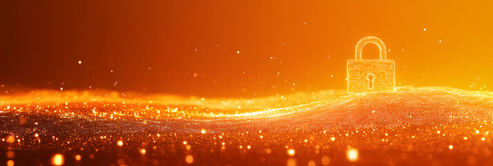 Wall Mural - vast sea of shimmering digital data points - a radiant padlock stands as a beacon of cybersecurity and protection wide banner - orange background