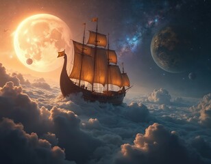 Wall Mural - Vessel sails through cosmic clouds. Ship with sails floats on fog. Glowing moon and planets in space background. Stars and galaxy in distance. Fantasy scene with sailing boat in nebula.