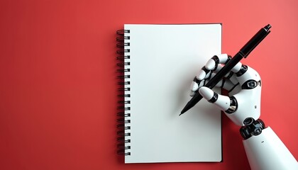 Robot hand holds pen over blank notebook on red background. Automation creates ideas and writes text for future projects. Tech, innovation and concept.