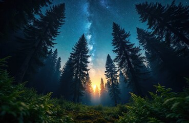 Wall Mural - Image captures tranquil forest at night. Tall trees silhouette against starry sky. Nature landscape photo exhibits beauty. Dark woods scene conveys peaceful atmosphere. Evening twilight scenery