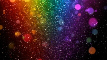 Wall Mural - Colorful glitter particles floating in a rainbow light. Abstract background with sparkling dust and bokeh effects. Festive motion graphics animation