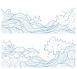 © klyaksun - Japanese water wave line art with traditional ocean patterns - flowing blue outlines, foam clouds and splash details on white background. Oriental style border elements for minimalist cultural design.