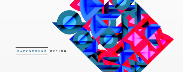 Wall Mural - Abstract geometric shapes, vibrant colors, modern design. Blue, red, teal elements create dynamic composition. Minimalist style.
