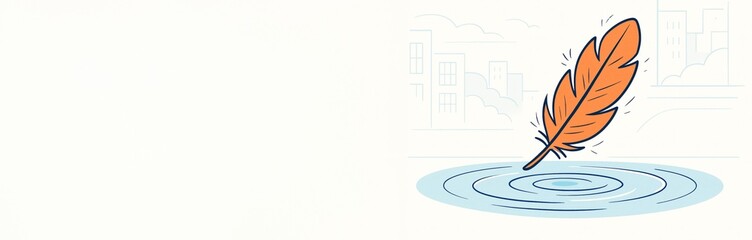Wall Mural - Orange feather making ripples in water with city background and large copyspace on light canvas for creative mockup or banner design template. Ai generative