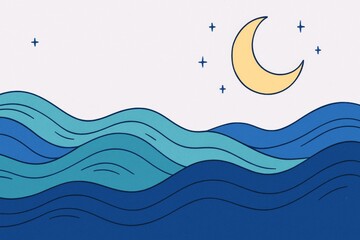 Wall Mural - Crescent moon and stars above stylized ocean waves with flowing lines on light background at night, peaceful and dreamy concept illustration. Ai generative