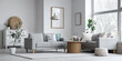 © Pixel-Shot - Interior of light living room with grey sofas, table and large window
