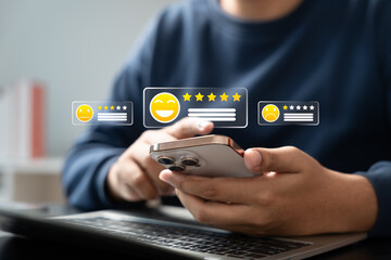 Canvas Print - Customer giving five-star rating on smartphone, showing positive feedback and satisfaction review. Great concept for service quality, user experience, and online reputation.