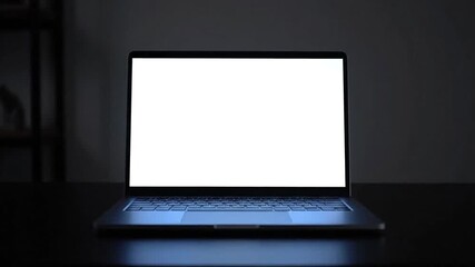 Modern laptop screen glowing with white light on a dark desk, perfect for creative projects and digital presentations.