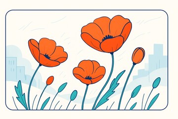 Wall Mural - Bright orange poppies blooming in a stylized abstract digital illustration with a cityscape background and light tones in soft blue hues. Ai generative