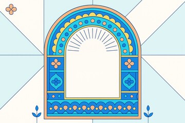 Wall Mural - Colorful arched mockup frame with floral motifs and blank space on pastel geometric background for creative presentation or branding layout concept. Ai generative