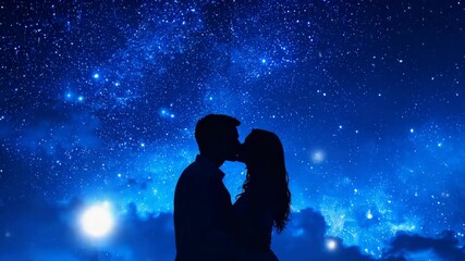 Wall Mural - Silhouetted couple kissing under a bright moon and starry blue night sky creating romantic mood.