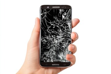 Hand Holding Cracked Smartphone Isolated on White Background
