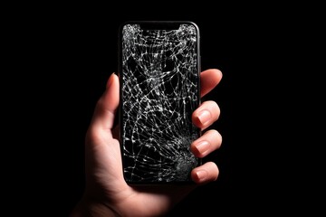 Hand Holding Cracked Smartphone Isolated on Black Background