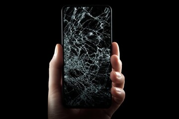 Hand Holding Cracked Smartphone Isolated on Black Background