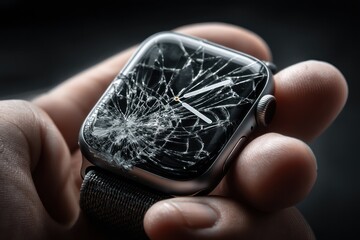 Hand Holding Cracked Smartwatch Isolated on Black Background