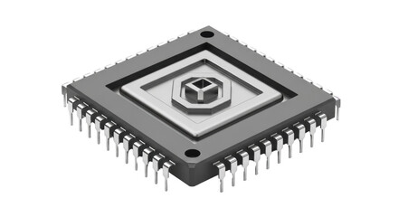 Isolated microchip with pins viewed from above and to the side in electronics hardware