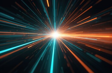 Wall Mural - Abstract light streaks converge at bright center point. Energetic speed lines in teal and orange glow outwards from radiant horizon. Dynamic motion blur effect.