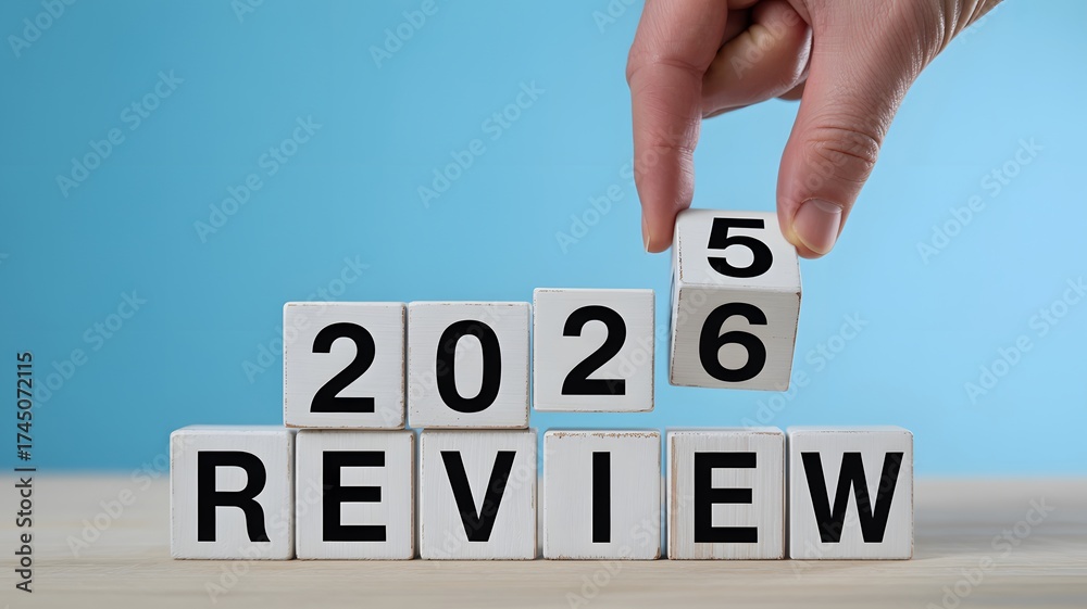 Hand placing a block to change the year from 2025 to 2026 on blocks ...